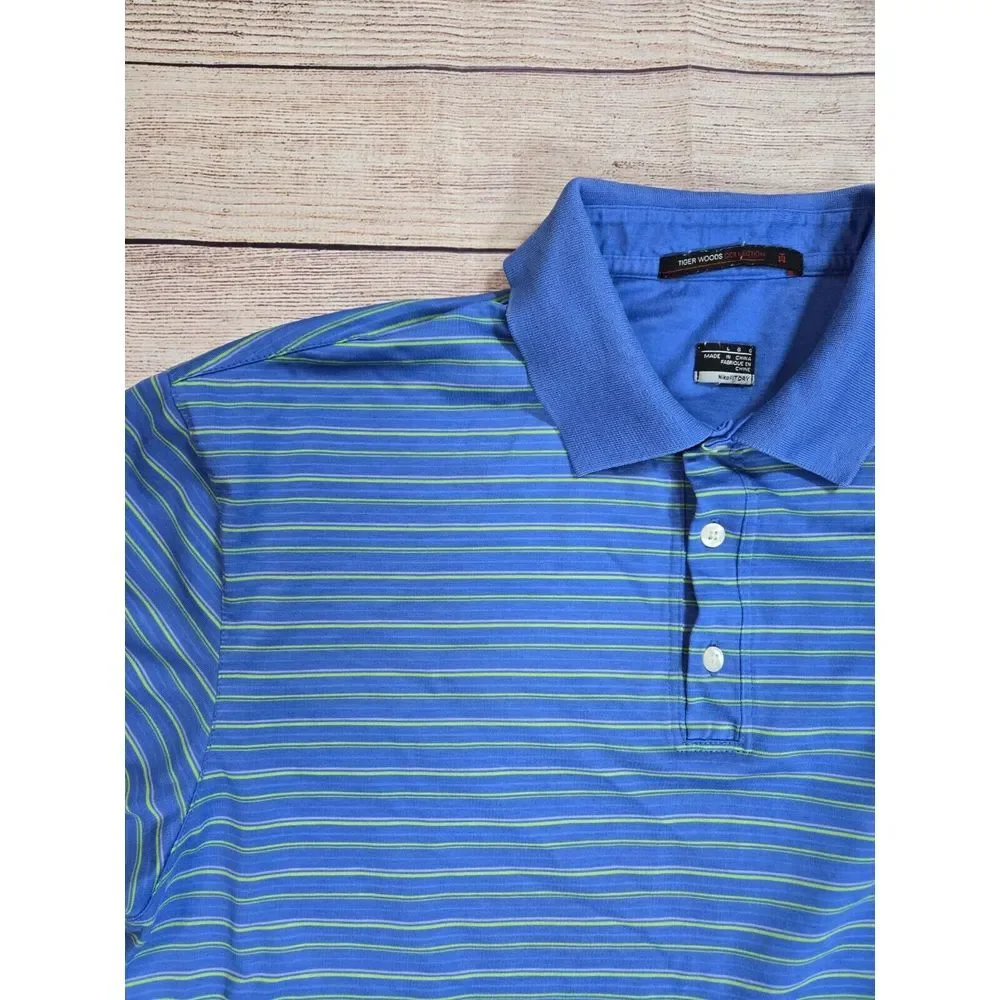 Tiger Woods Collection Polo Mens L Blue Striped Nike Golf athletic performance